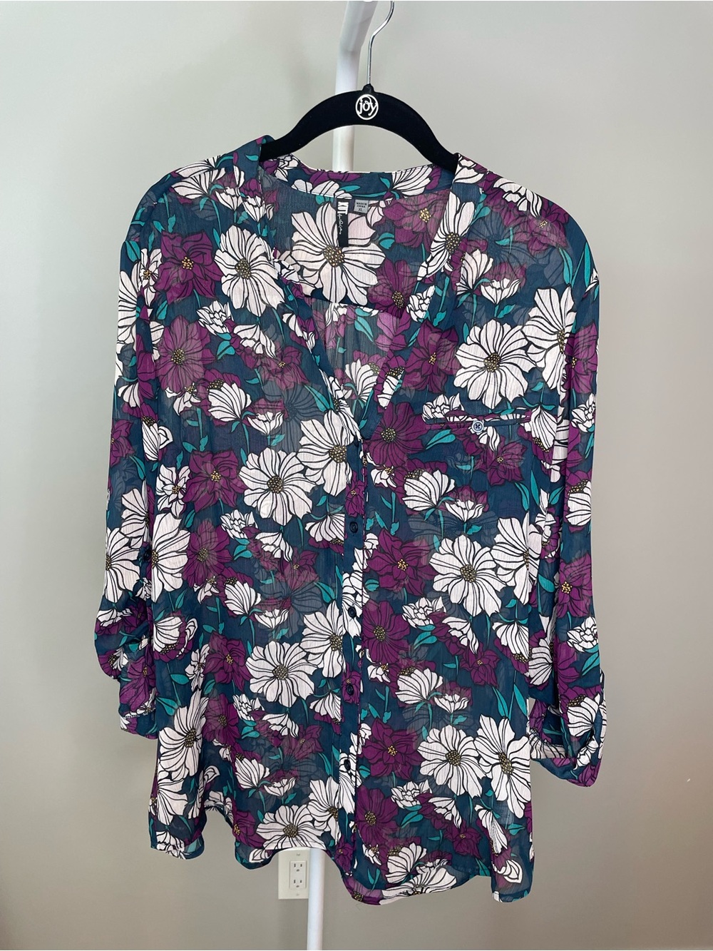 Kut from the Kloth Teal, Purple & White Floral Button-Up Blouse